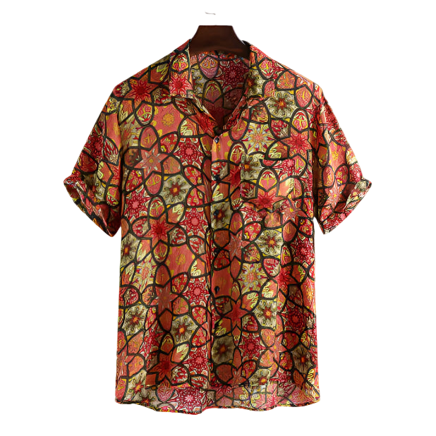 Colorful patterned shirt on a hanger against a white background