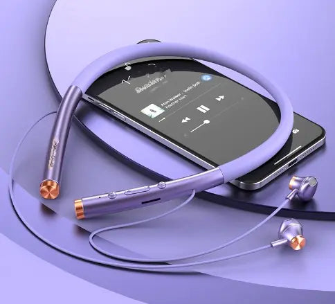 Wireless earbuds with a smartphone displaying music app on a purple background