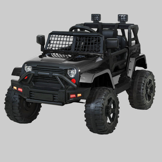 Black toy off-road vehicle with large wheels on a white background