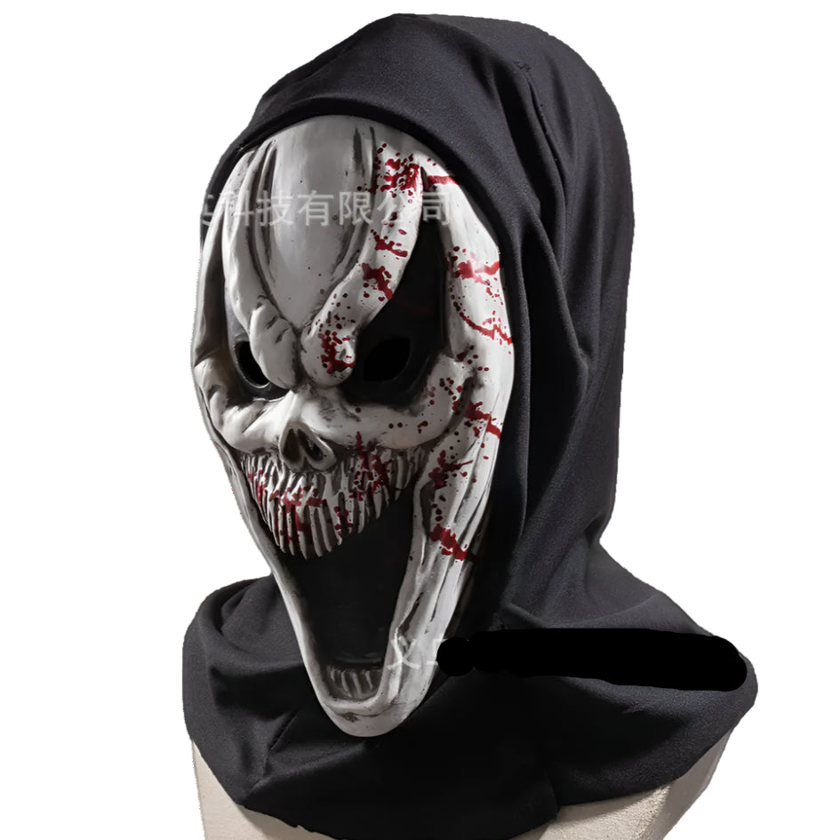 Skull-themed mask with black hood on a white background