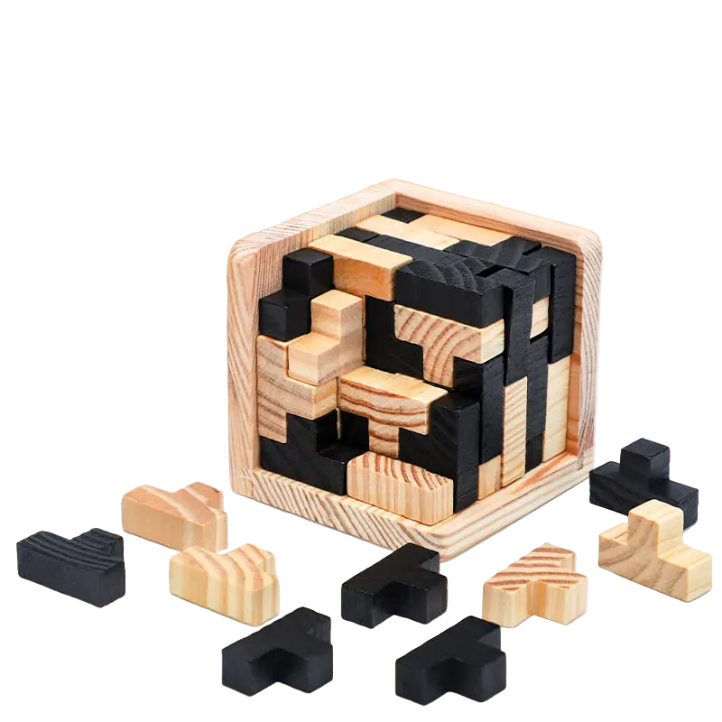 Wooden puzzle with black and beige pieces on a light background