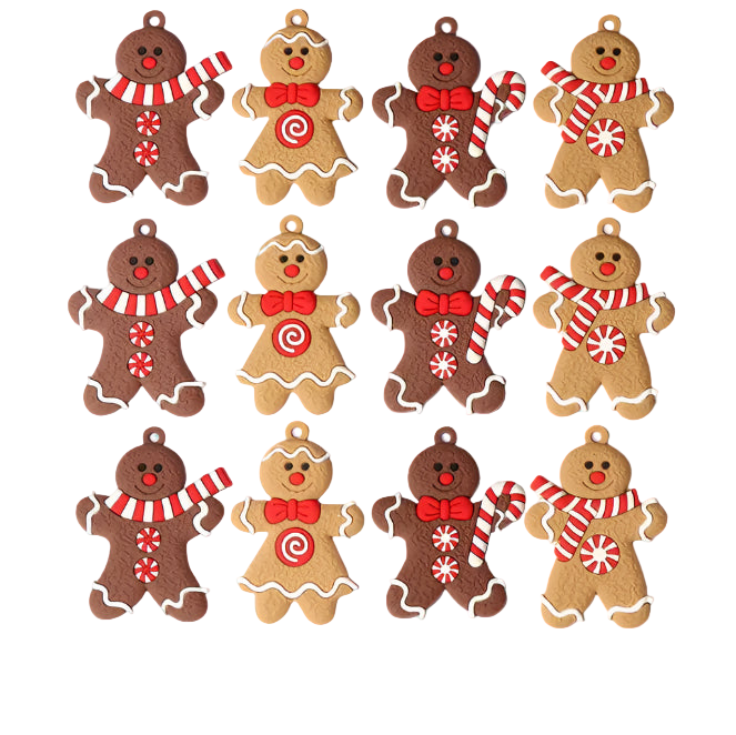 Set of gingerbread man ornaments with various decorations on a white background