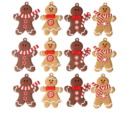 Set of gingerbread man ornaments with various decorations on a white background