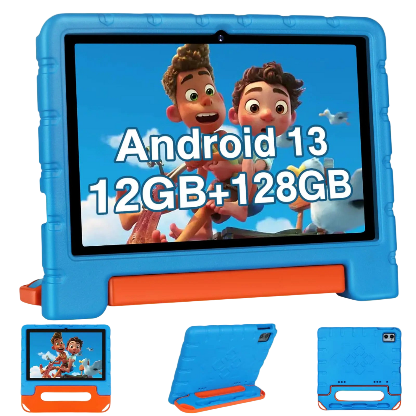 Tablet with blue and orange case featuring cartoon characters and text about Android version and storage capacity.