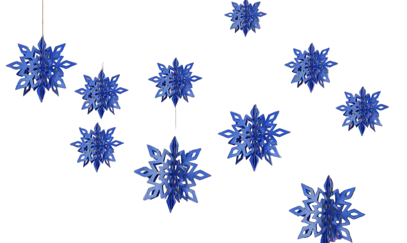 Decorative window display with blue snowflakes and a sign indicating a limited edition winter collection.