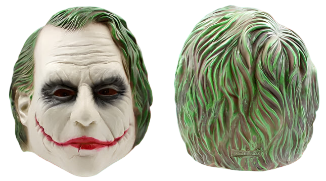 Joker mask with detailed hair and red lips on a white background