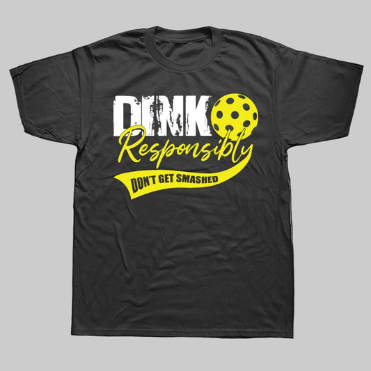 Black t-shirt with yellow and white text and graphics on a white background