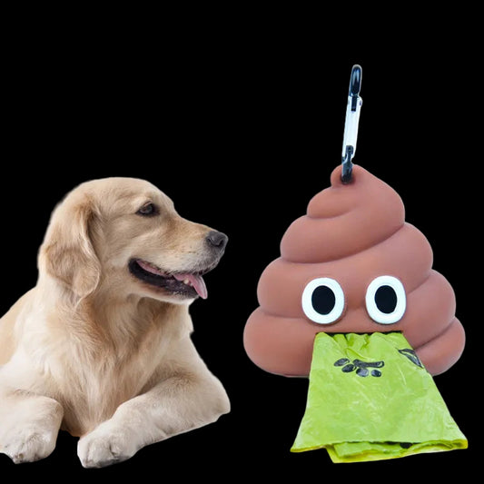 Dog next to a poop-shaped bag dispenser with a green bag on a white background