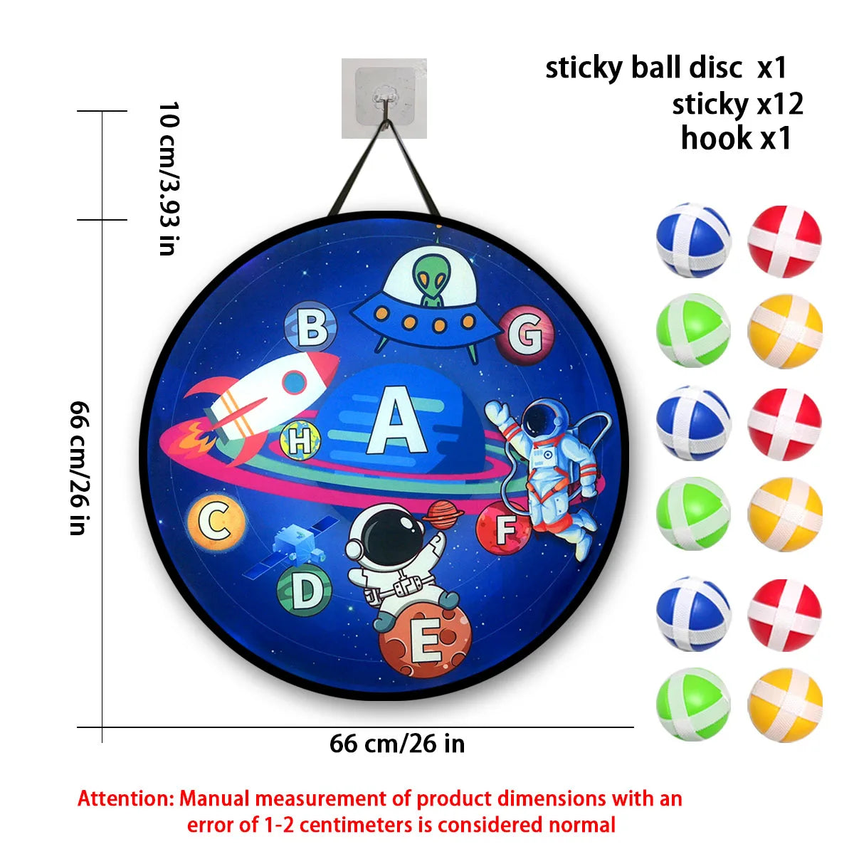 Children's educational wall hanging with space-themed design, dimensions, and accessories shown.