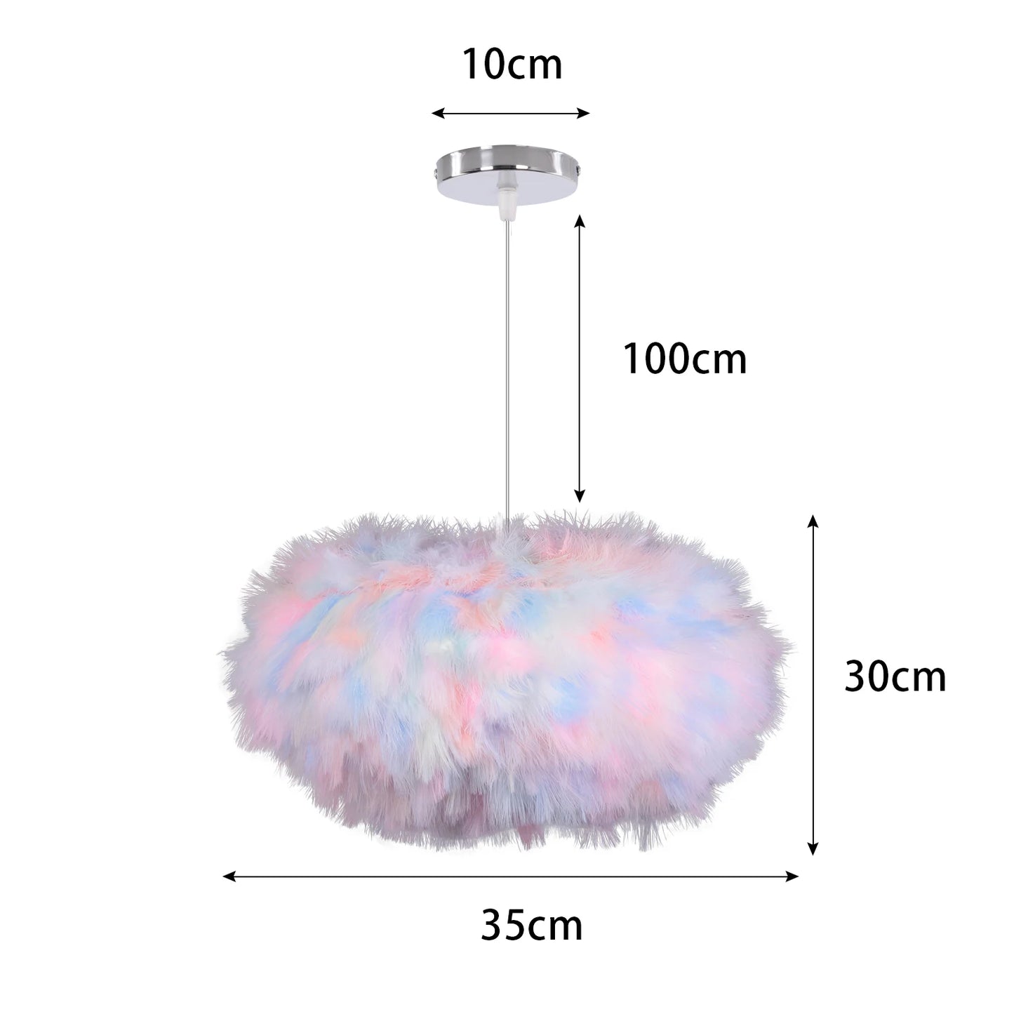 Measurement chart of a colorful feathered ceiling light fixture with dimensions labeled.