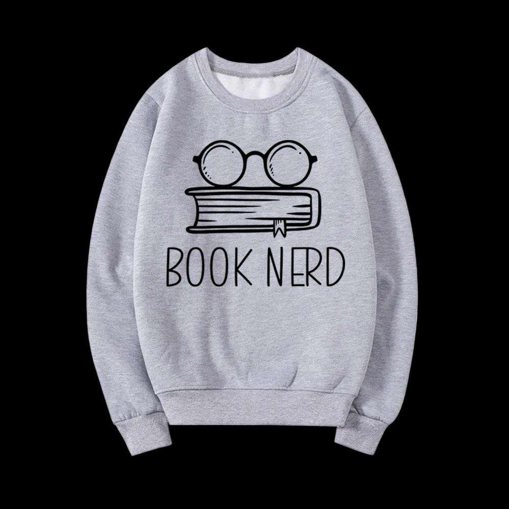 Gray sweatshirt with 'Book Nerd' design featuring a book and glasses on a white background