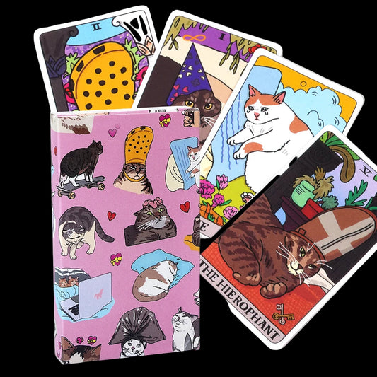 Set of tarot cards with cat illustrations on a white background