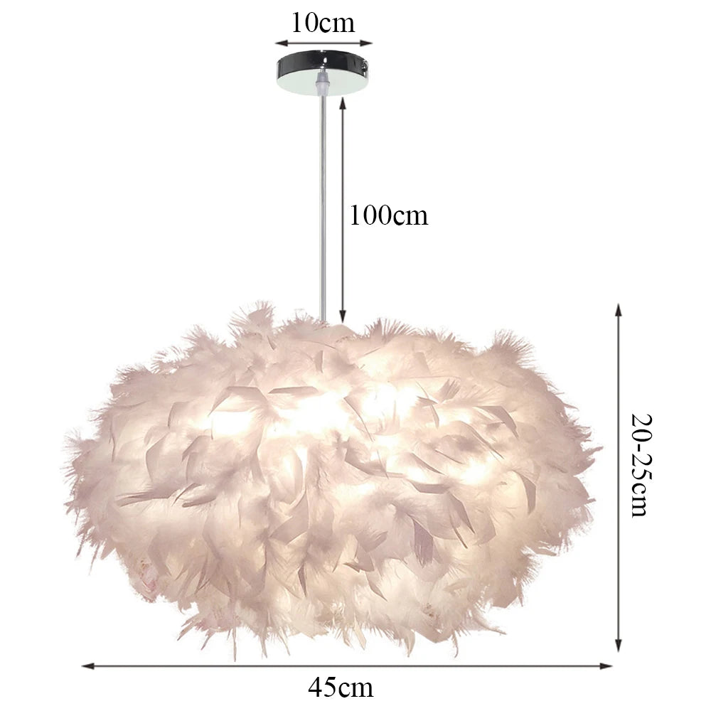 Feather pendant light with dimensions indicated on a white background
