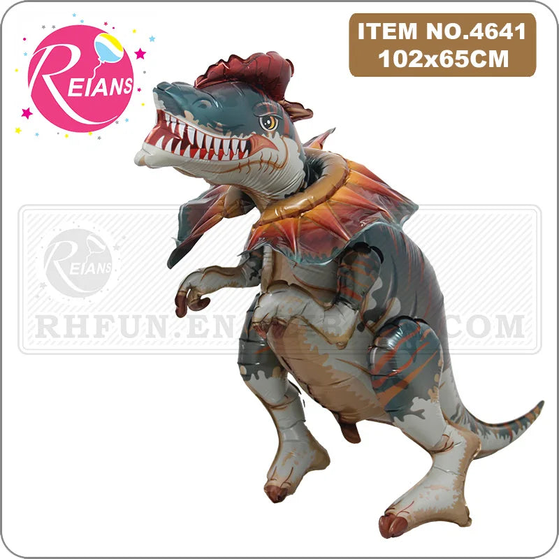 Inflatable dinosaur toy with Reians branding on a white background