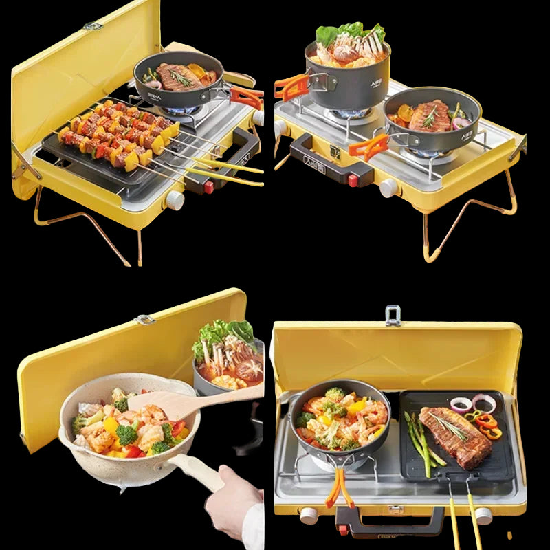 Yellow camping stove with various cookware and food items on a wooden surface.