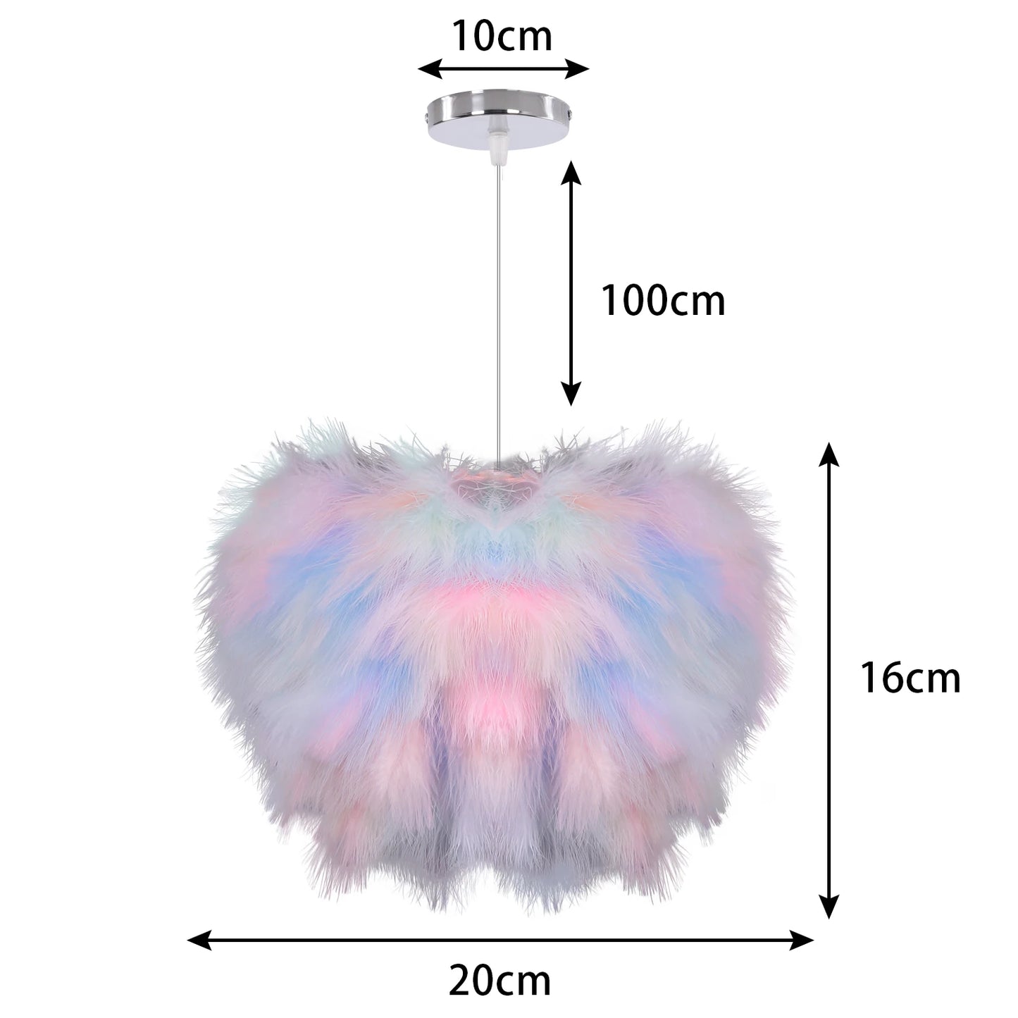 Multicolored fluffy pendant light with dimensions on a white background