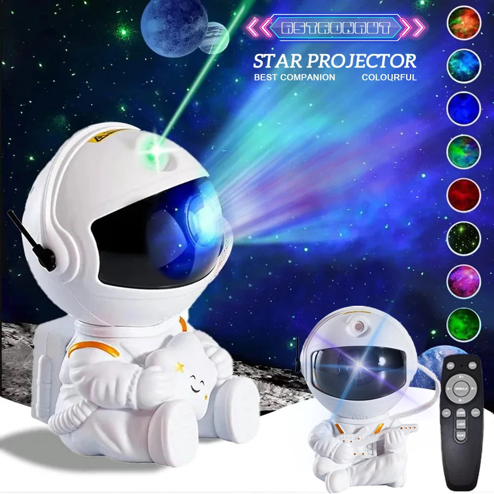 Astronaut toy with star projector and remote control against a space-themed background.