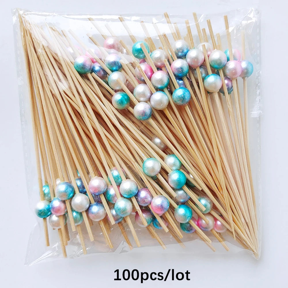 Wedding Pearl Bamboo Wooden Cocktail Picks Fruit Picks Skewer Party Supplies Variety