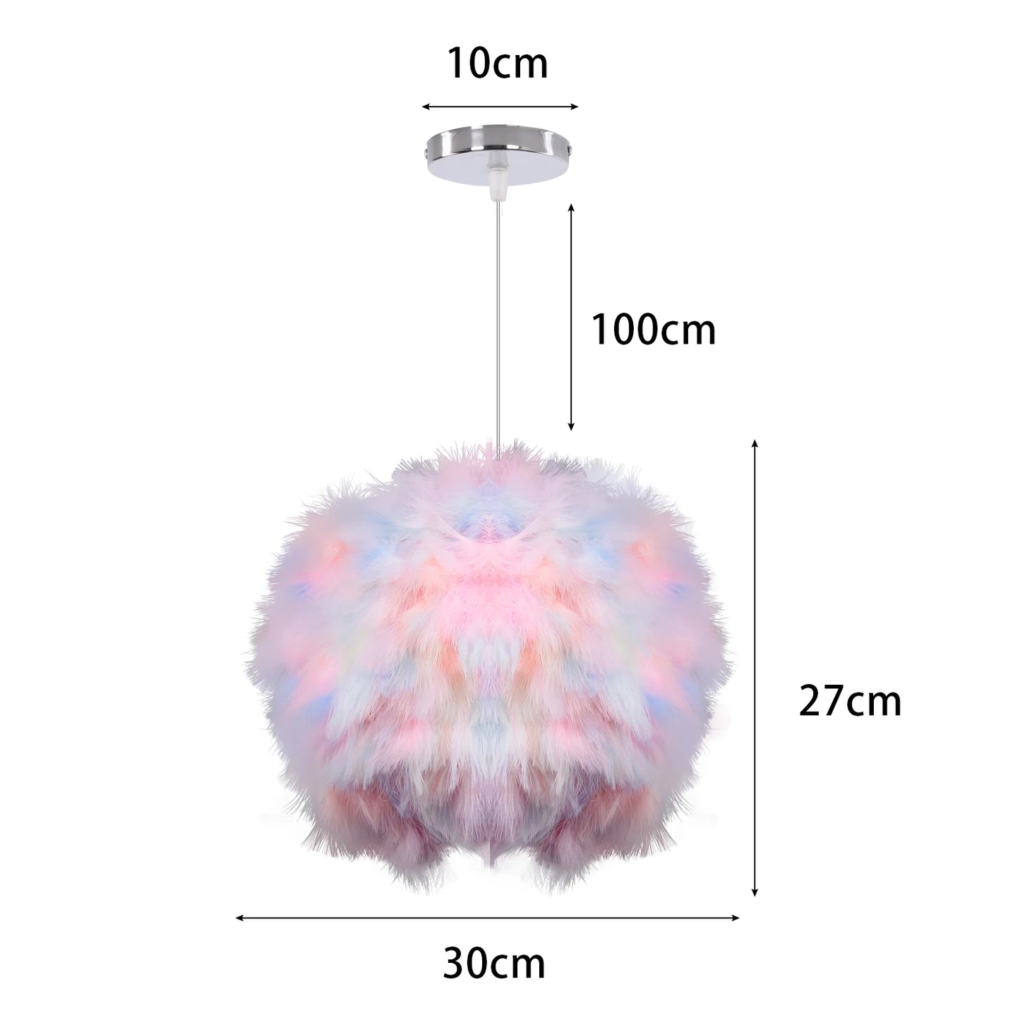 Multicolored feather pendant light with dimensions on a white background
