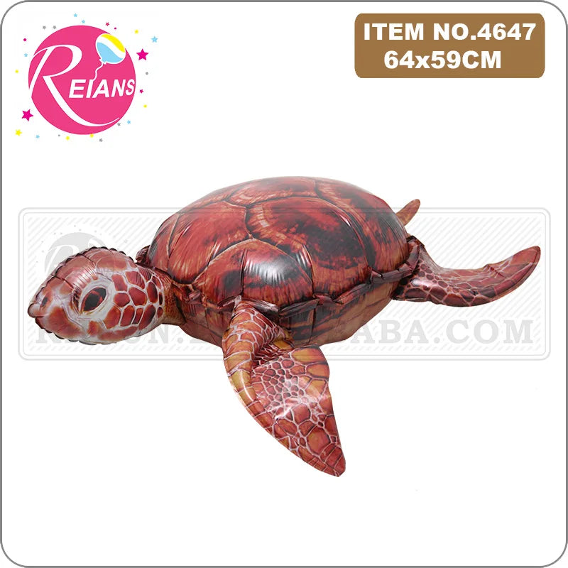 Red turtle-shaped inflatable toy with REIANS branding on a white background