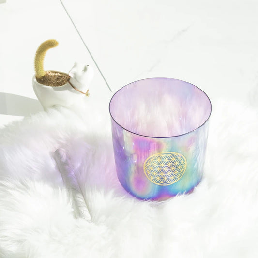 Iridescent glass with a geometric design on a white surface