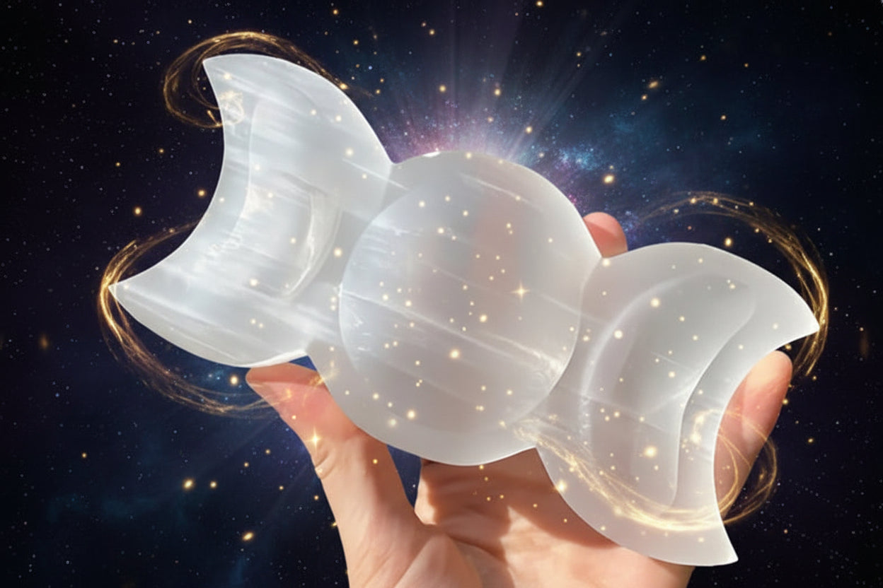 Selenite Triple Moon Bowl for Energy Charging | Moon Goddess Crystal Decor - Lucky Girl Gifts