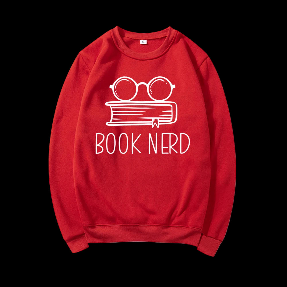 Red sweatshirt with 'Book Nerd' design on a white background