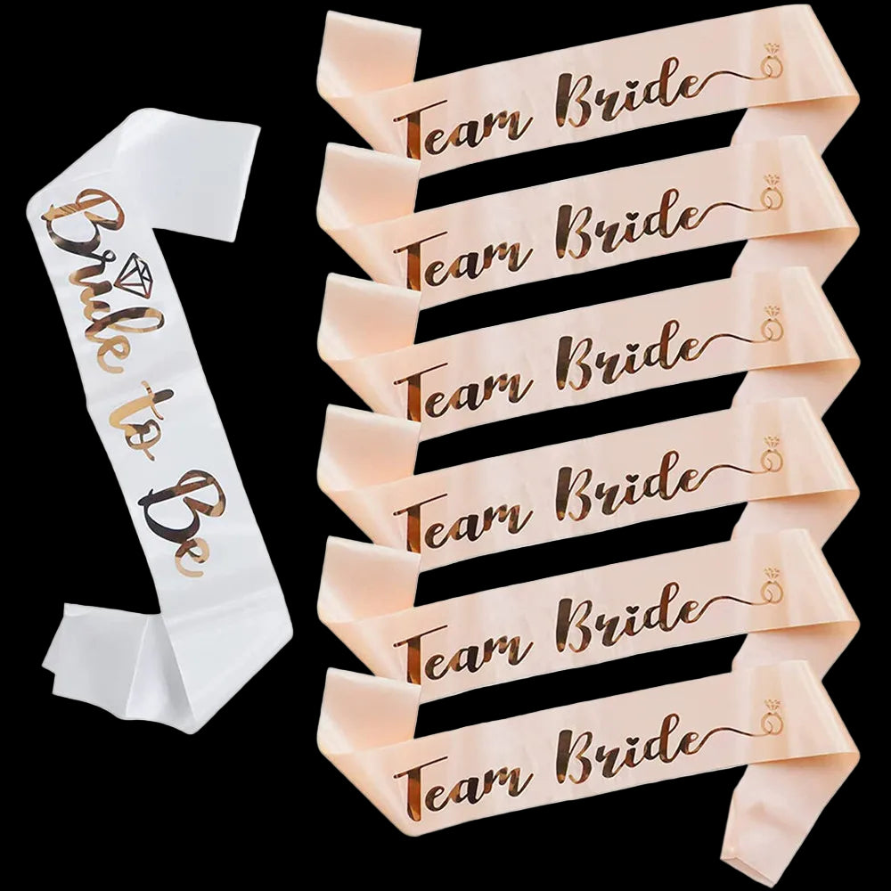Set of 'Team Bride' sashes with a 'Bride to Be' sash on a white background