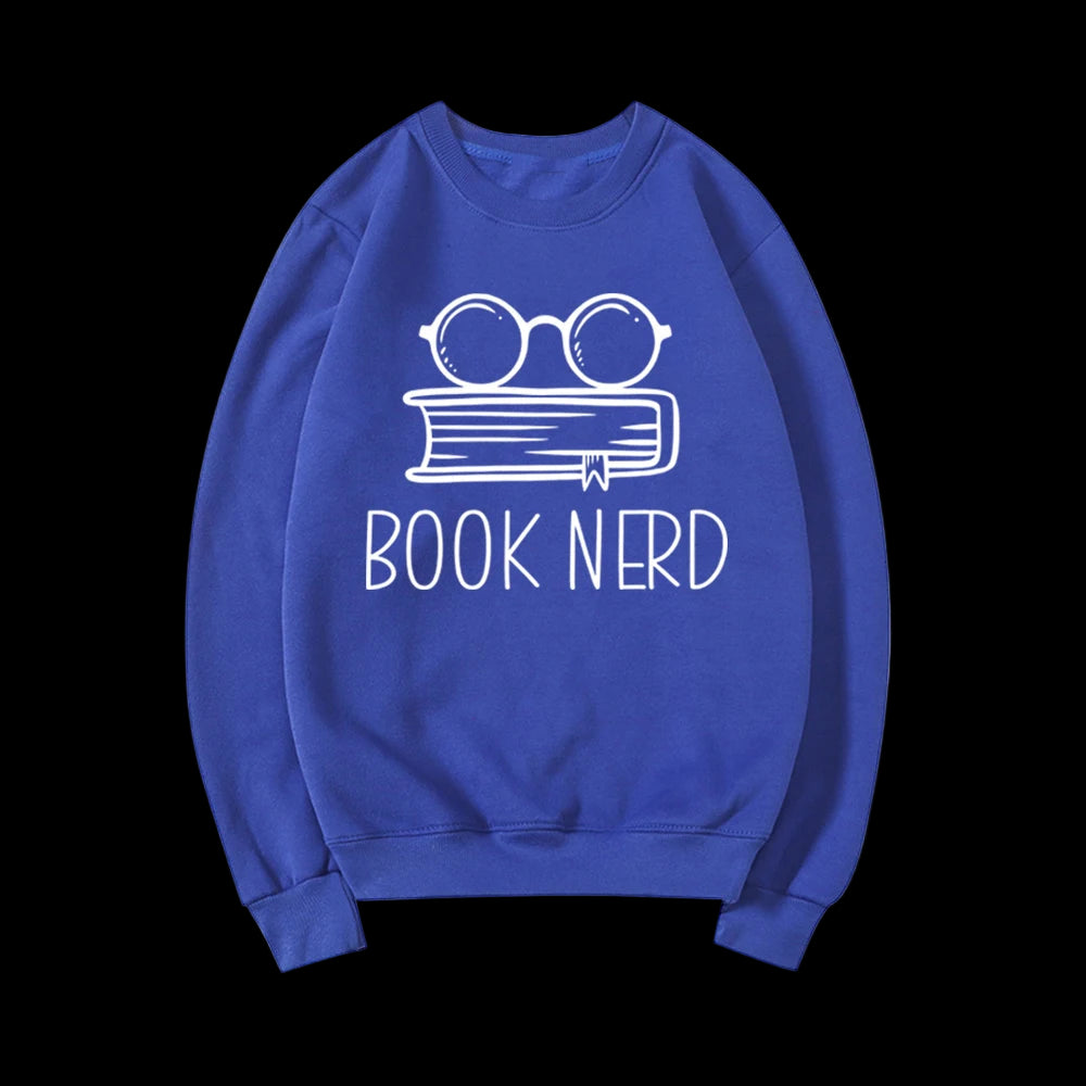 Blue sweatshirt with 'BOOK NERD' text and book and glasses graphic on a white background