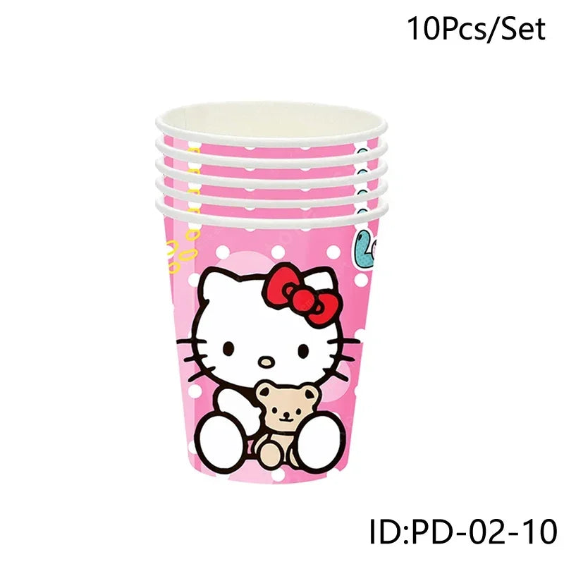 Set of Hello Kitty paper cups with a teddy bear on a white background