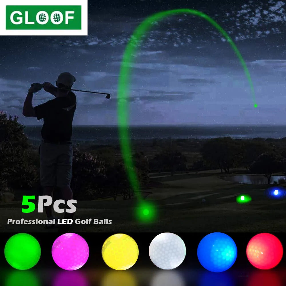 GLOOF LED golf balls with a golfer swinging at night, featuring color options.