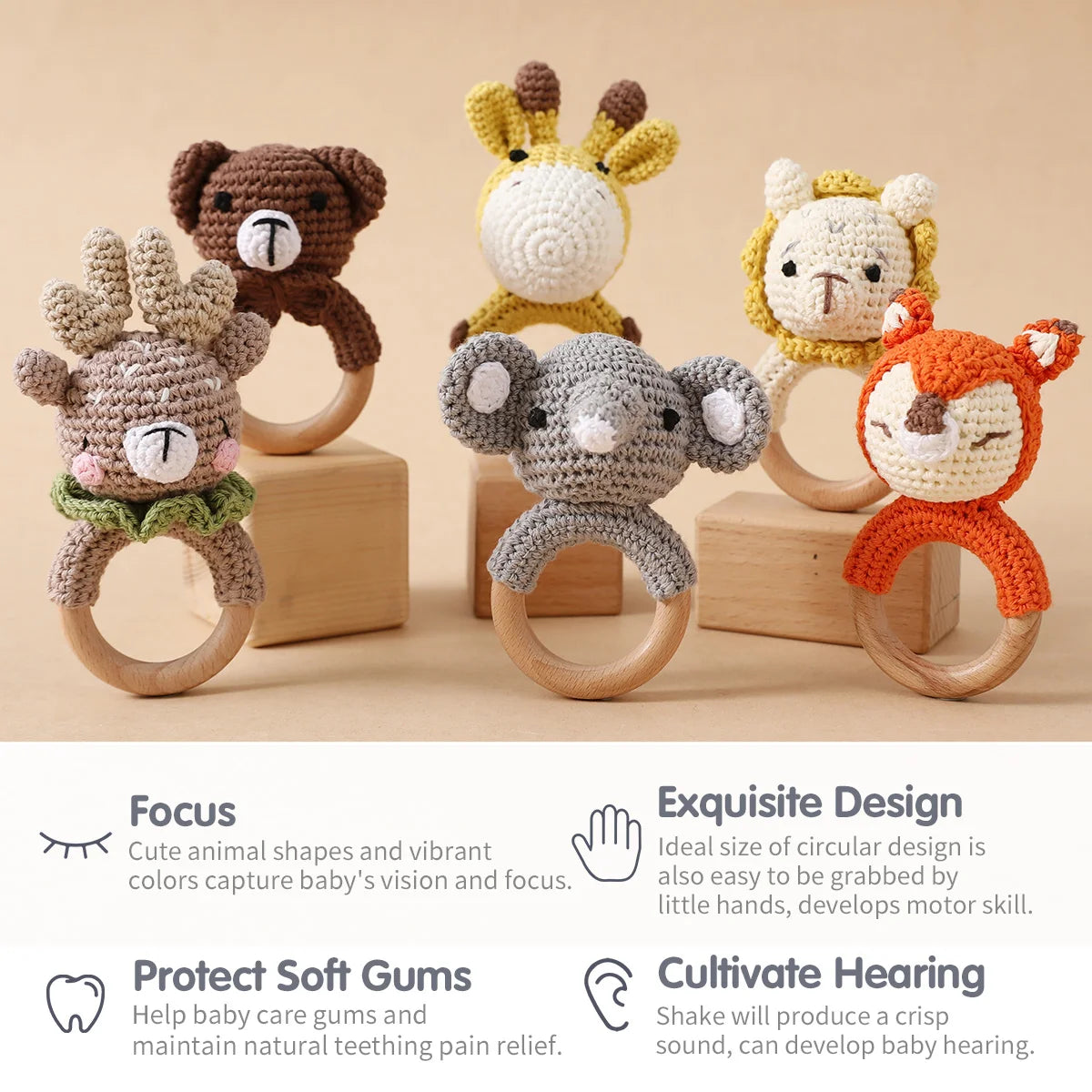 Set of crochet animal rattle toys on a beige background with text describing their benefits.