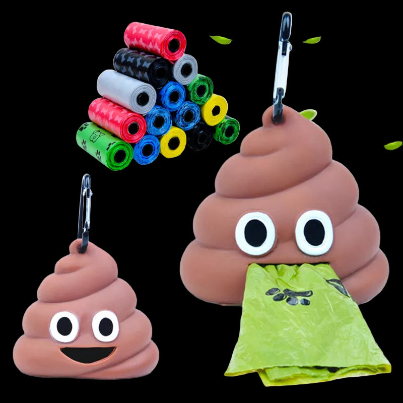 Two poop-shaped pet waste bag dispensers with a stack of colorful bags on a white background.