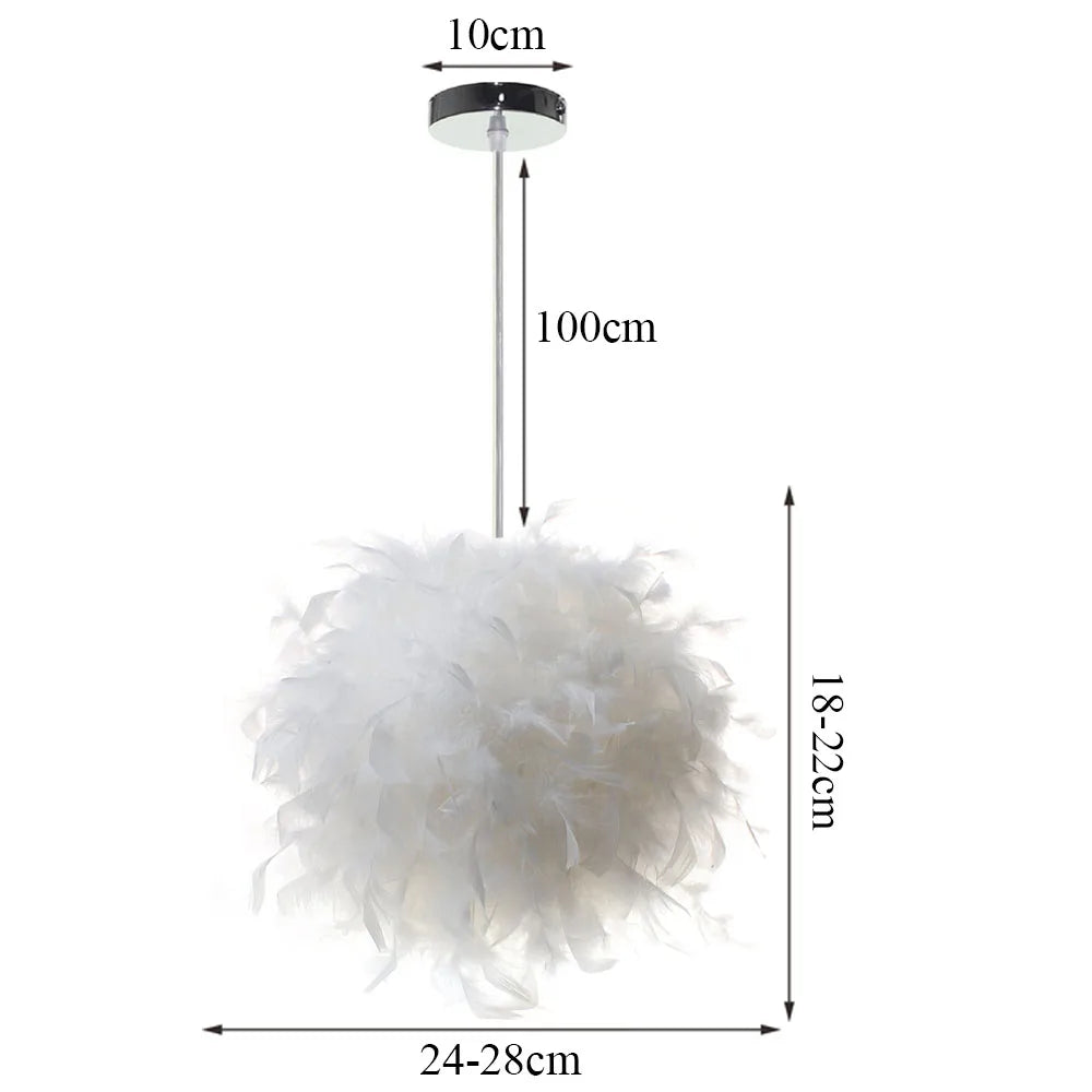 Feather pendant light with dimensions labeled on a white background