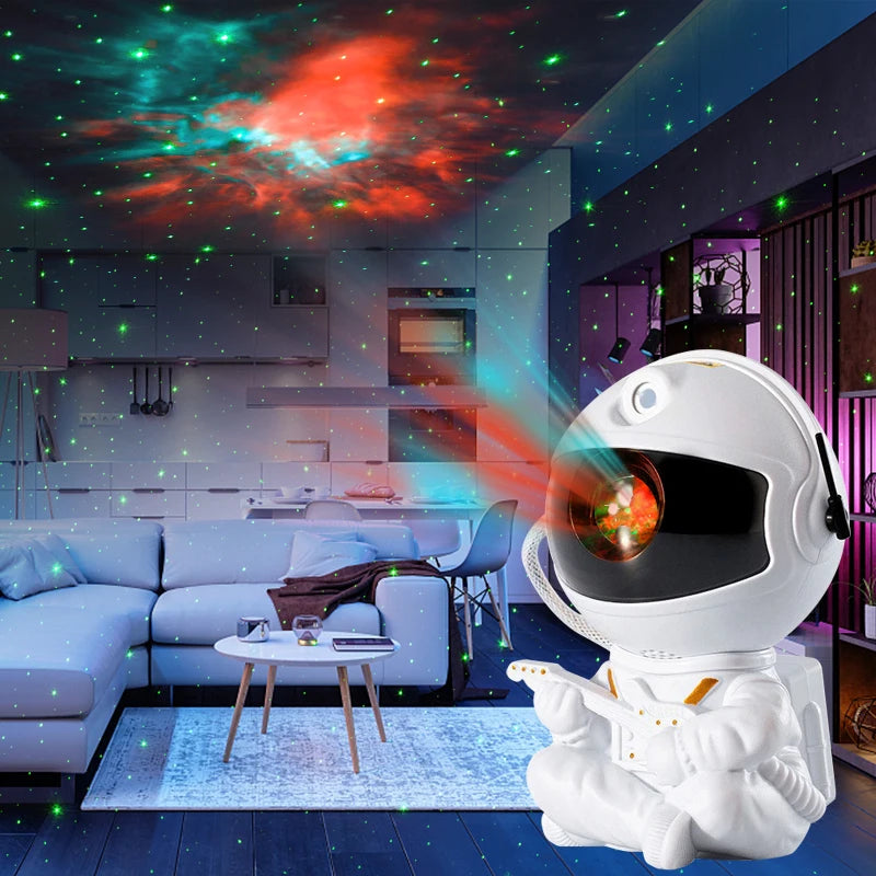 Spaceman lamp projecting colorful lights in a modern living room