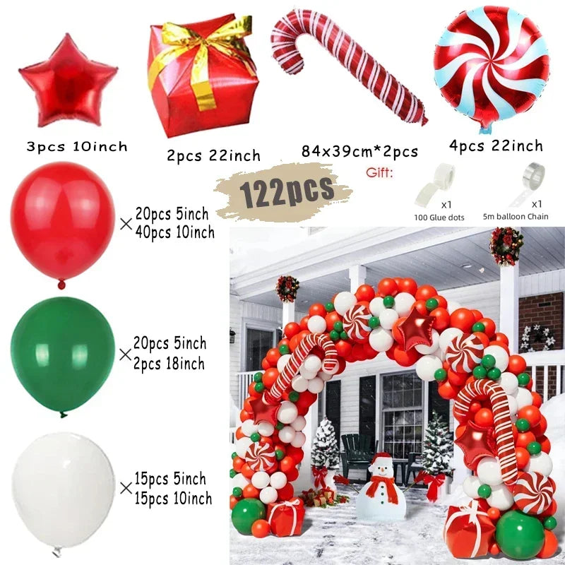 Collection of Christmas-themed balloons with sizes and quantities displayed, set against a snowy outdoor scene.