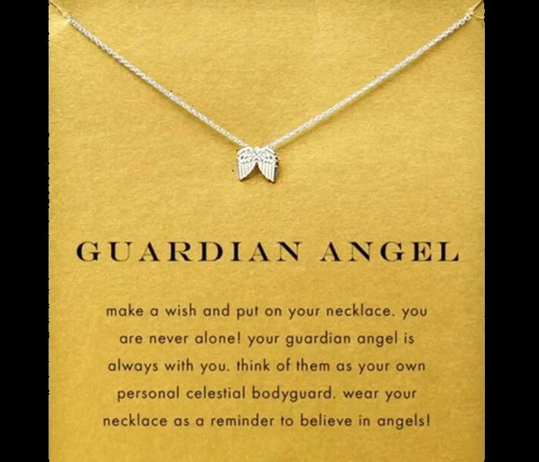Silver 'Guardian Angel' necklace on a yellow card with text