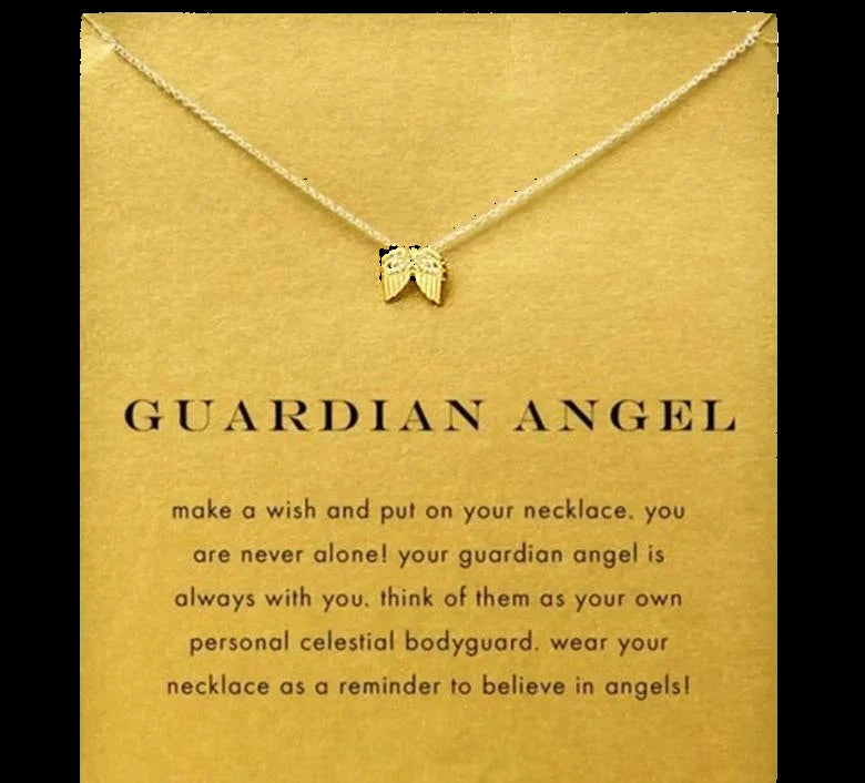 Gold necklace with leaf pendant on a yellow card with text