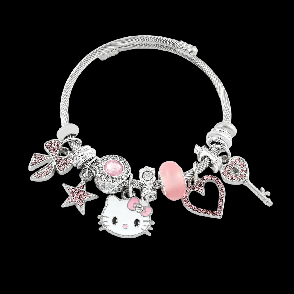 Bracelet with various charms including a Hello Kitty figure, pink heart, and other decorative elements on a white background.
