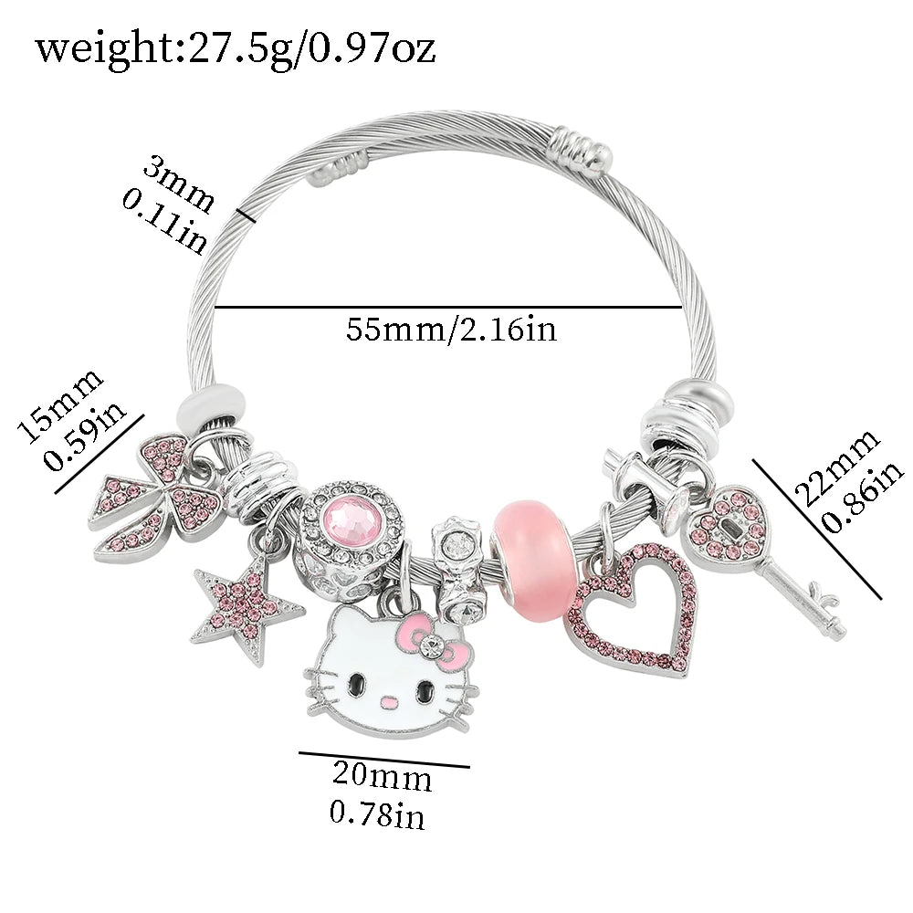 Bracelet with various charms including a Hello Kitty figure, measurements indicated on a white background