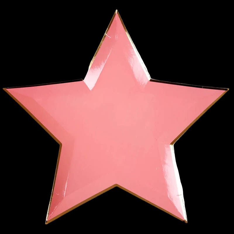 Pink star-shaped plate with gold rim on a white background