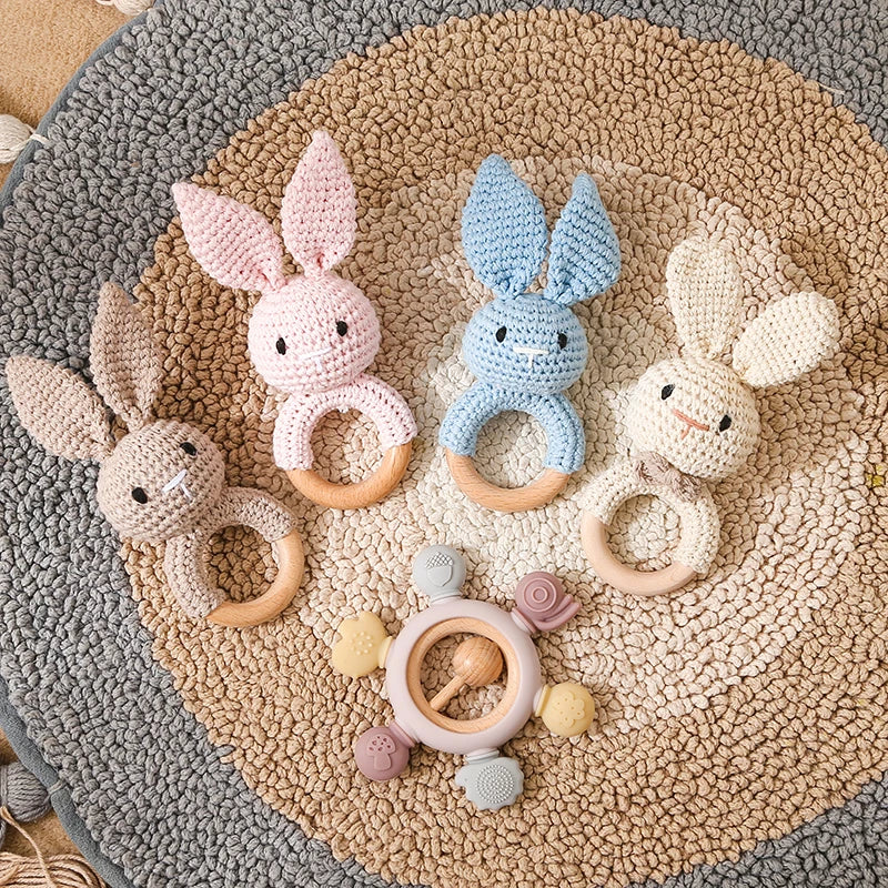 1 pc Baby Teether Rattles Animal Crochet Ring Wooden Montessori Baby Toys