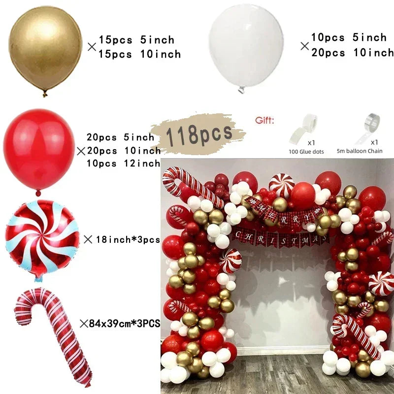 Balloon set with various sizes and colors for a Christmas-themed decoration, including a completed archway.