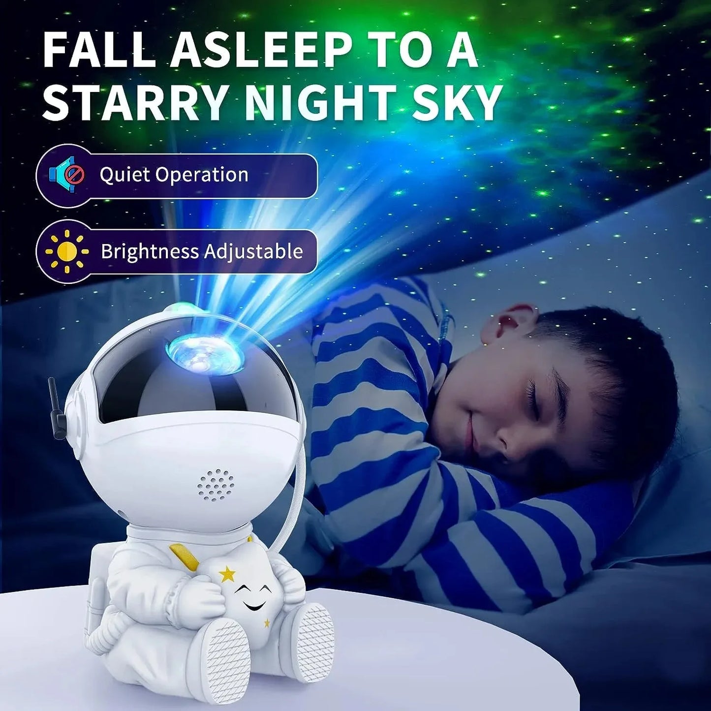 Children's night light shaped like an astronaut with a child sleeping peacefully in the background.