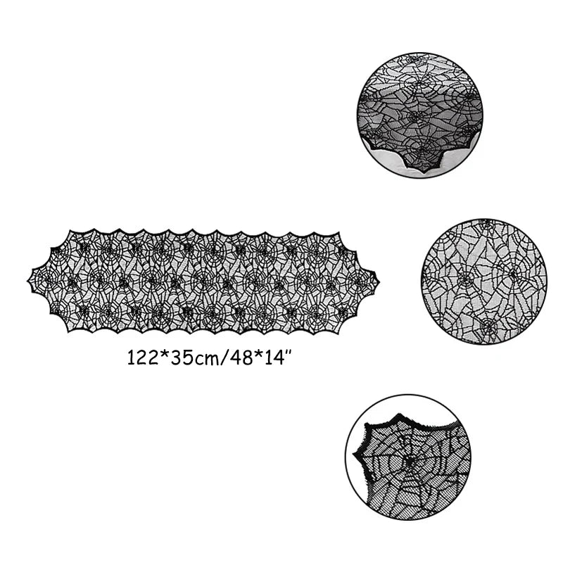 Black lace spiderweb design with measurements on a white background