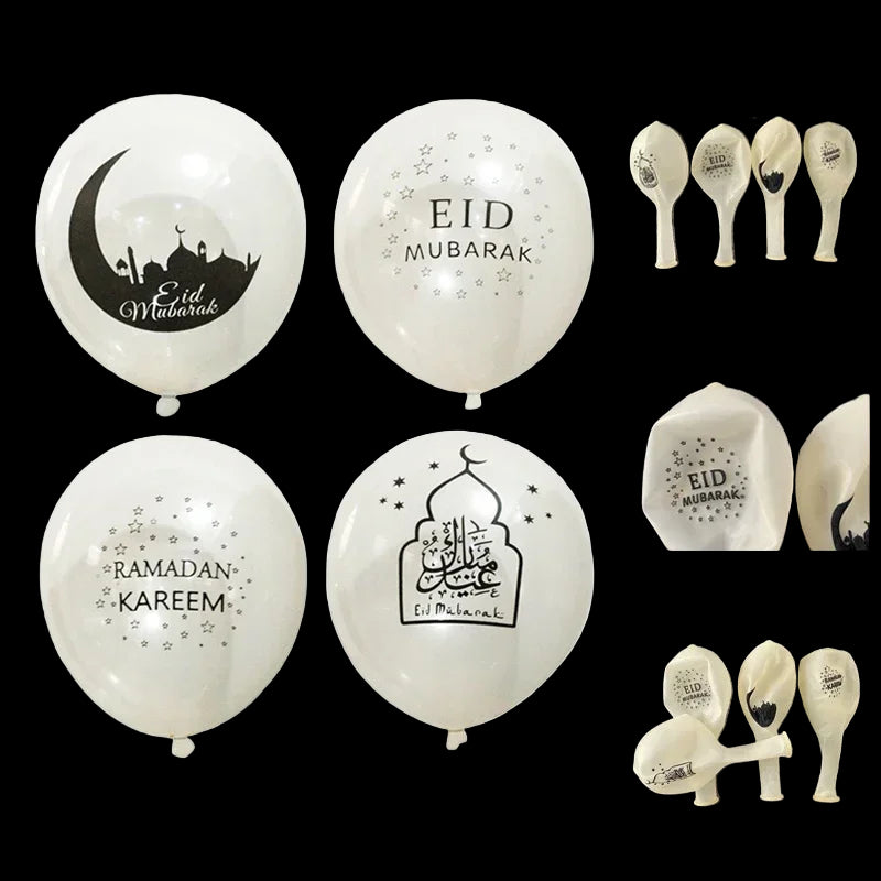 White balloons with 'Eid Mubarak' and 'Ramadan Kareem' text, along with small white figurines on a white background.