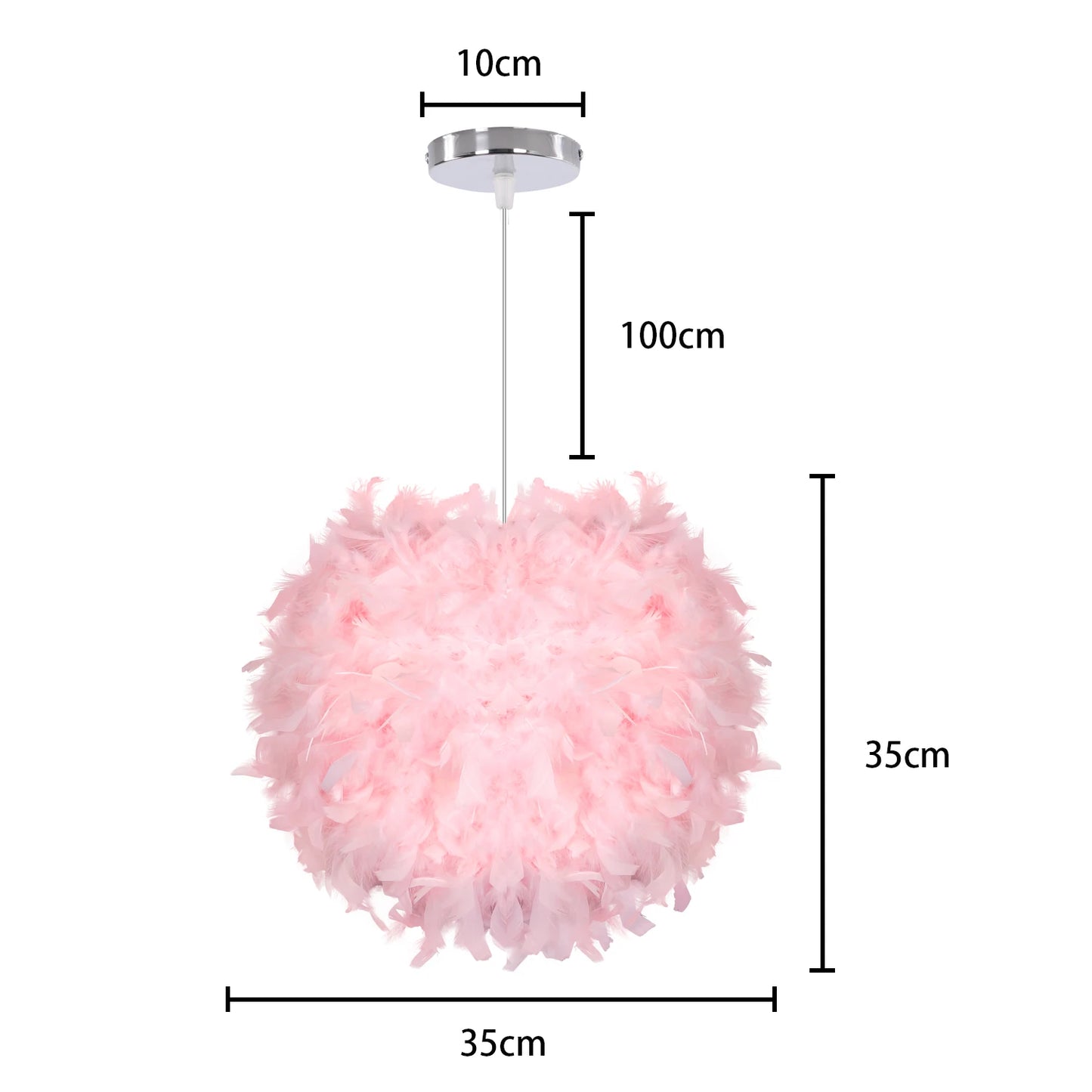 Pink feathered pendant light with dimensions on a white background