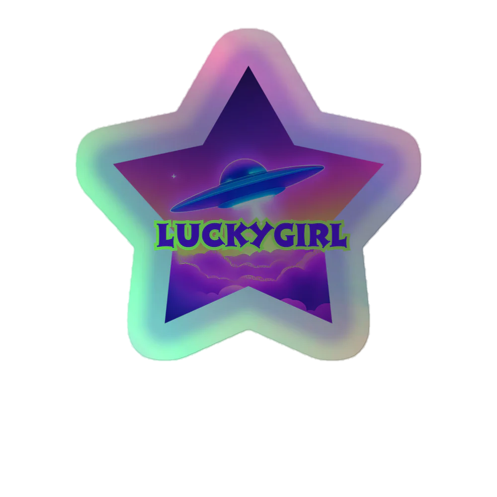Star-shaped object with 'LUCKYGIRL' text on a white background