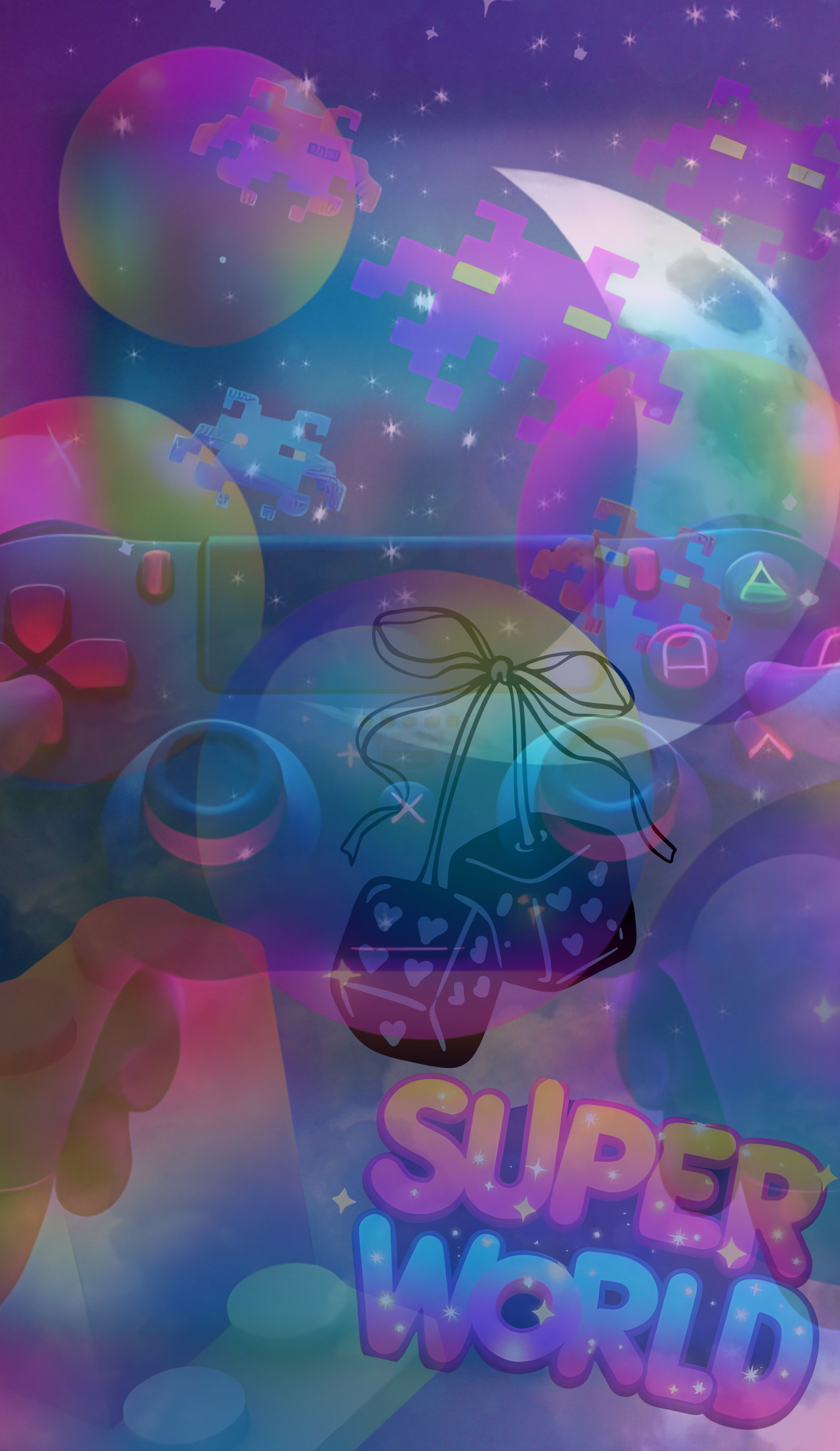 Colorful abstract design with 'Super World' text on a gradient background