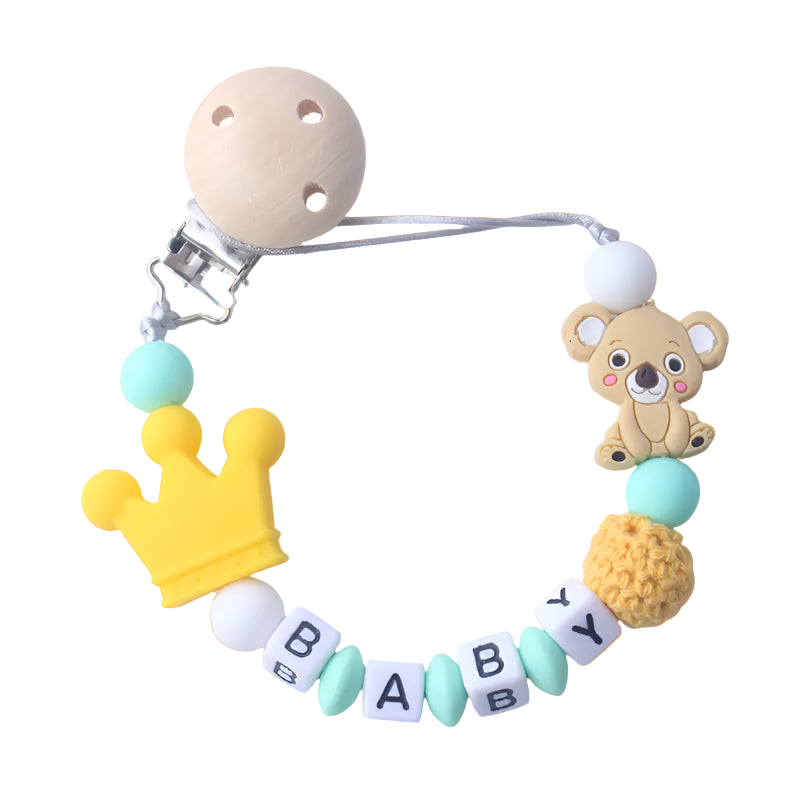 Teething toy with colorful beads and a bear design on a white background